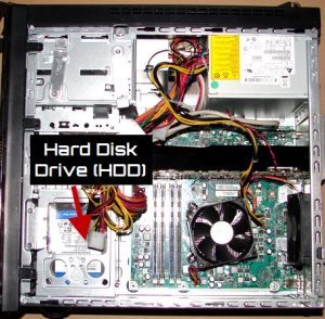 A hard drive inside a desktop PC